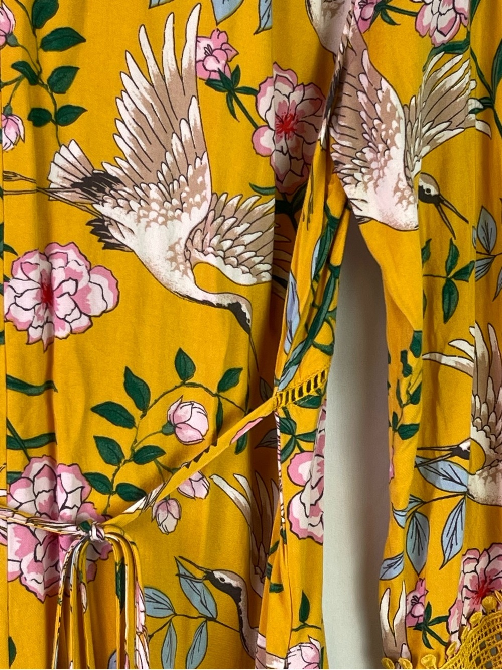 Xhilaration Yellow Boho Mini Dress with Pink Flowers & Cranes Size Small - Picture 9 of 15